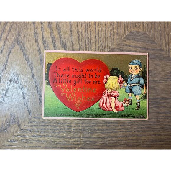 Valentine Wishes, Boy Standing by a Sitting Girl, Vintage Victorian Postcard, - Picture 1 of 2